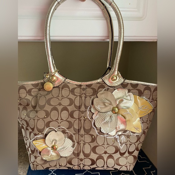 Coach Handbags - Coach Metallic Gold and Brown Monogram Tote Bag